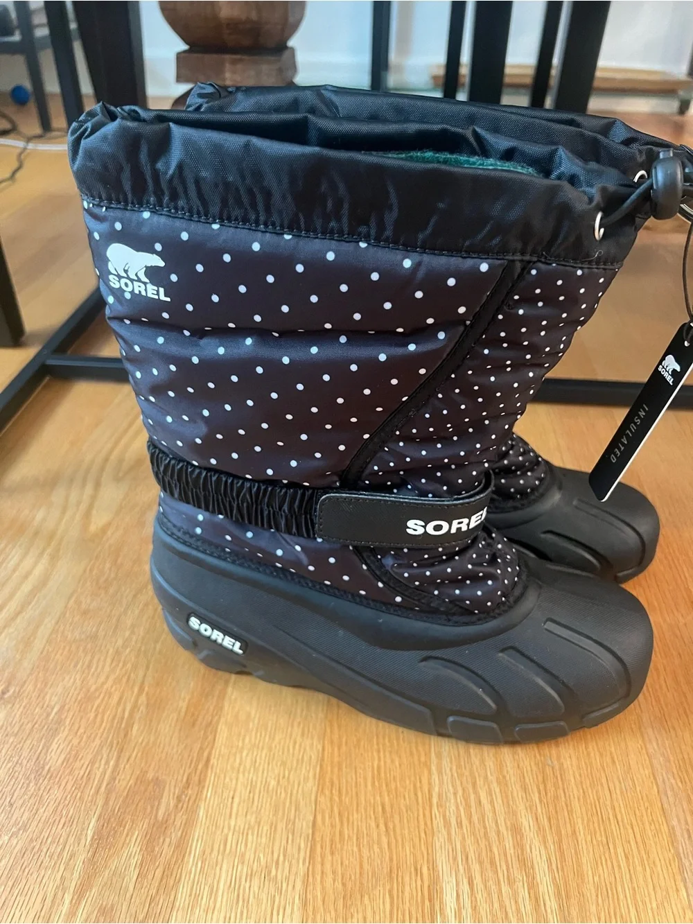 Sorel Black and White Polka Dot Kids Snow Boots
